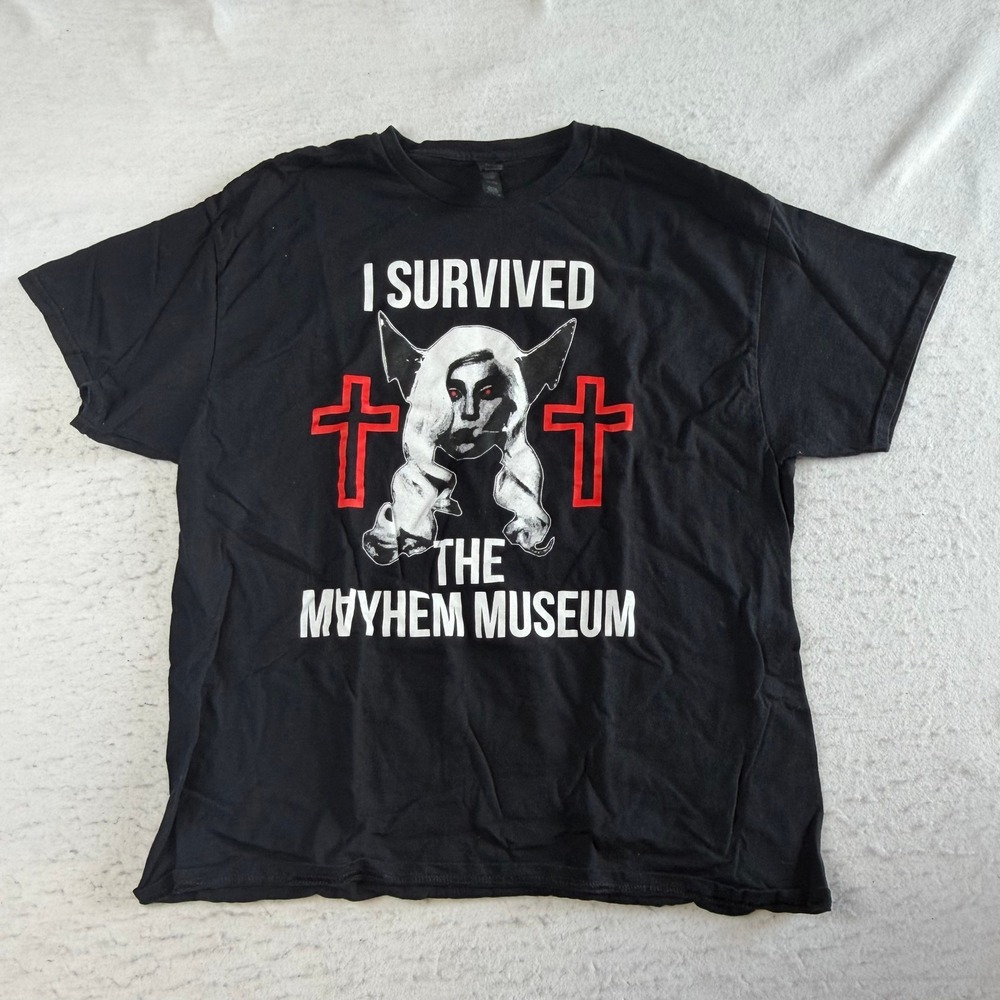 Gildan T Shirt Mens XL Black I Survived The Mayhem Museum Graphic Short Sleeve